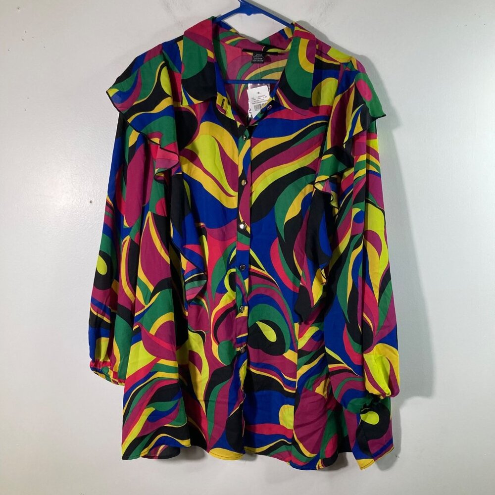 Womens Ashley Stewart Swirl Ruffle Button Blouse Multicolored 22/24W NWT